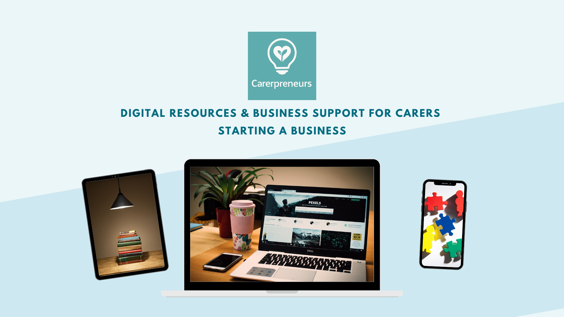 Website header showing screens with information on and the Carerpreneurs logo