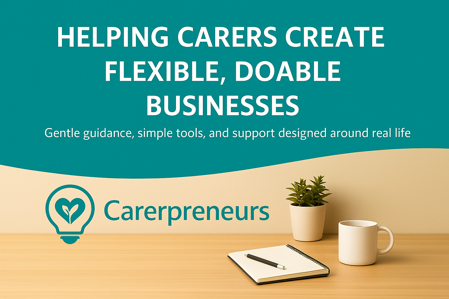 Website ehader with logo and a desk with plant, notebook and mug